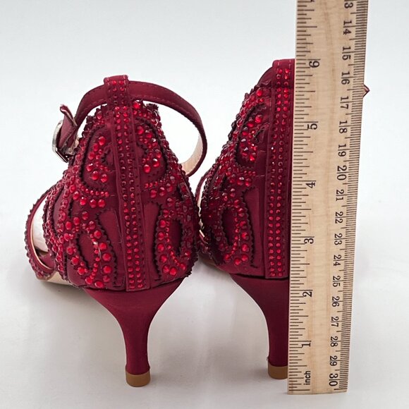 XYD Wine Chic Peep Toe D'Orsay Low Heel Rhinestone Stud Ankle Strap Sandals - Picture 5 of 8